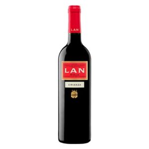 Botella de vino tinto LAN Rioja Crianza con etiqueta roja y dorada y cápsula de lámina roja.