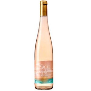 Botella de vino alta y transparente con tapón dorado, que contiene vino rosado de color rosa claro y una etiqueta de color pastel en la parte delantera.